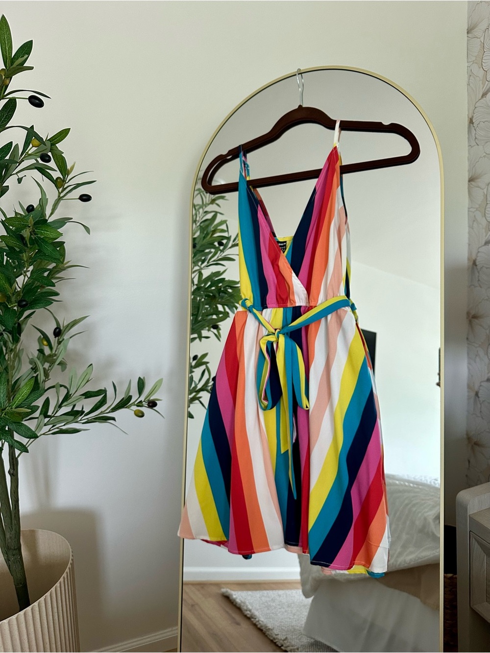 SHEIN Multicolor Rainbow Stripe Sundress with Tie Waist
